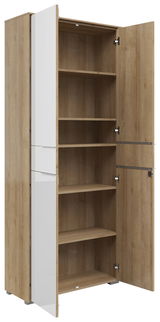 Offener Aktenschrank mit zwei Türen, Holzoptik und weißen Fronten, seitliche Perspektive