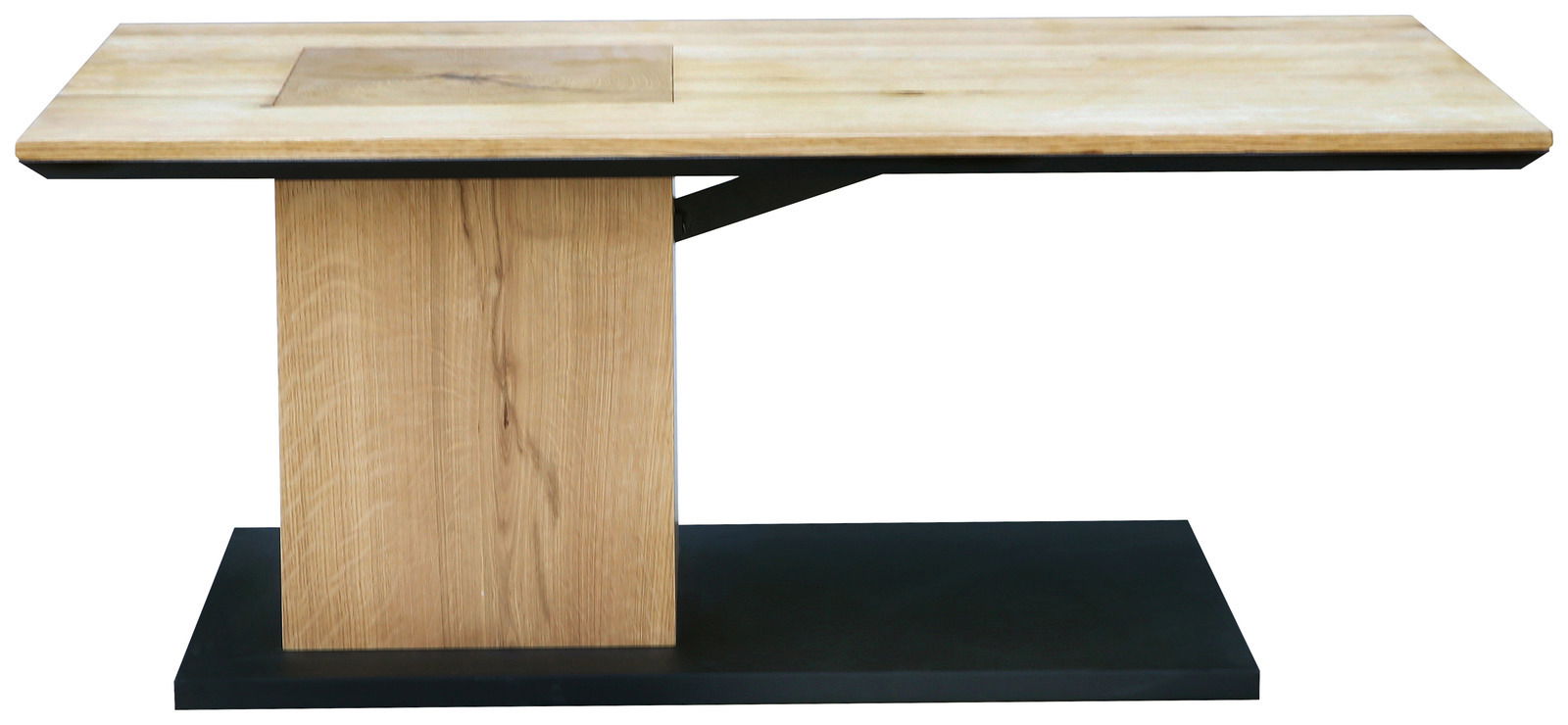 Moderner Couchtisch aus Holz mit rechteckiger Tischplatte und stabiler Basis, seitliche Perspektive