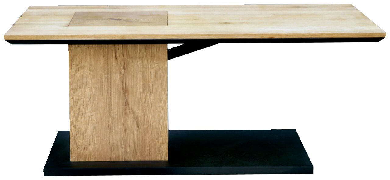 Moderne houten salontafel met rechthoekig tafelblad en stevig onderstel, zijaanzicht