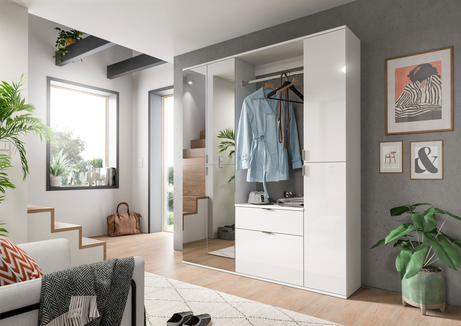 Moderne weiße Kommode mit Hochglanzoberfläche, teilweise geöffnet, in einem stilvoll eingerichteten Raum mit Pflanzen und Wanddekorationen, aus frontaler Perspektive.