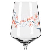 Weinglas mit floralem Design und dem Schriftzug 'Enjoy your day', Vorderansicht