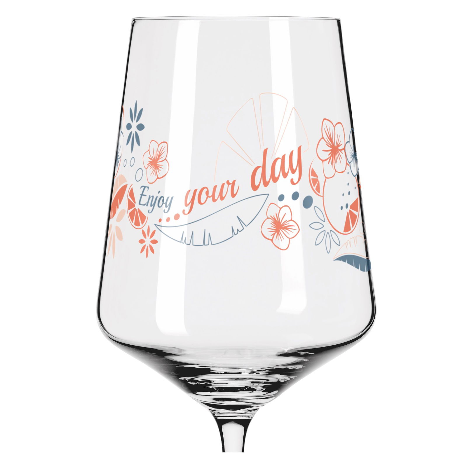 Weinglas mit floralem Design und dem Schriftzug 'Enjoy your day', Vorderansicht