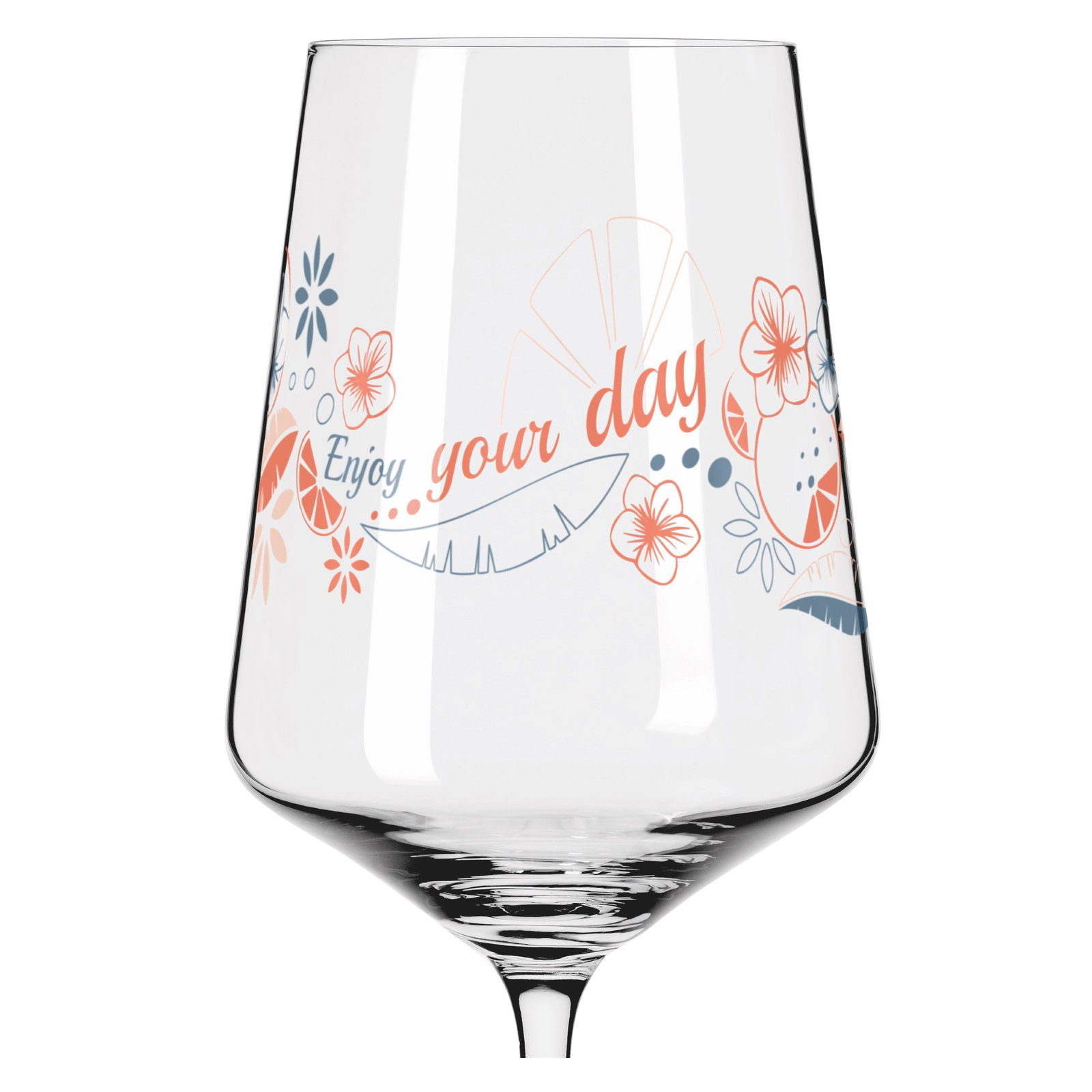 Weinglas mit floralem Design und dem Schriftzug 'Enjoy your day', Vorderansicht