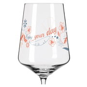 Weinglas mit floralem Design und dem Schriftzug 'Enjoy your day', Vorderansicht