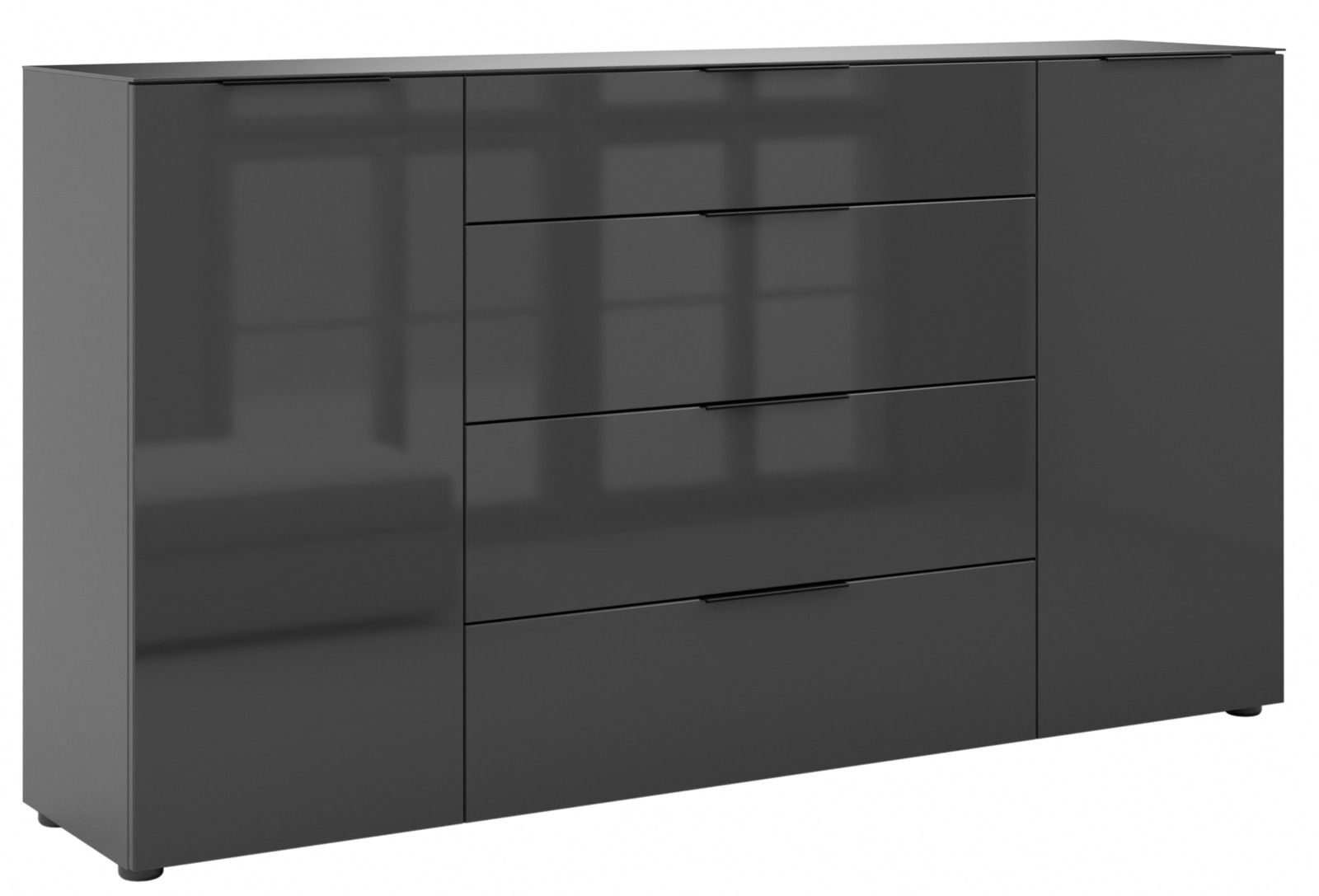Modernes XL-Sideboard in dunklem Hochglanz mit zwei Türen und vier Schubladen, seitliche Perspektive