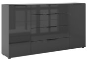 Modernes XL-Sideboard in dunklem Hochglanz mit zwei Türen und vier Schubladen, seitliche Perspektive