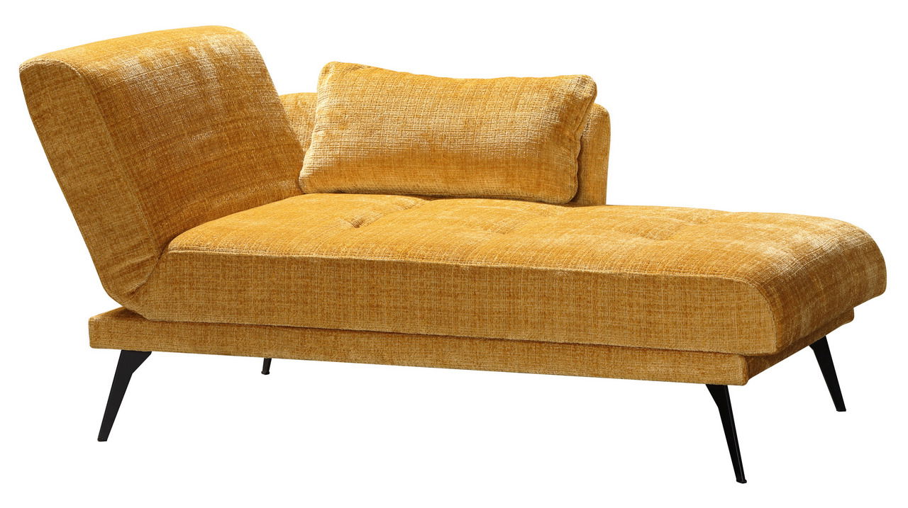 Gelbe Einzelliege mit Kissen, seitliche Perspektive