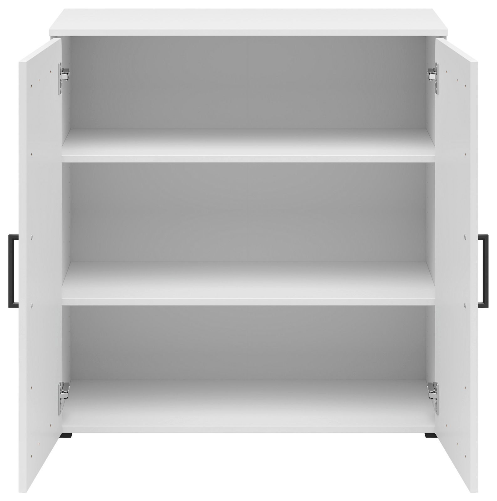 Weiße Kommode mit zwei offenen Türen und drei Regalböden, frontale Ansicht