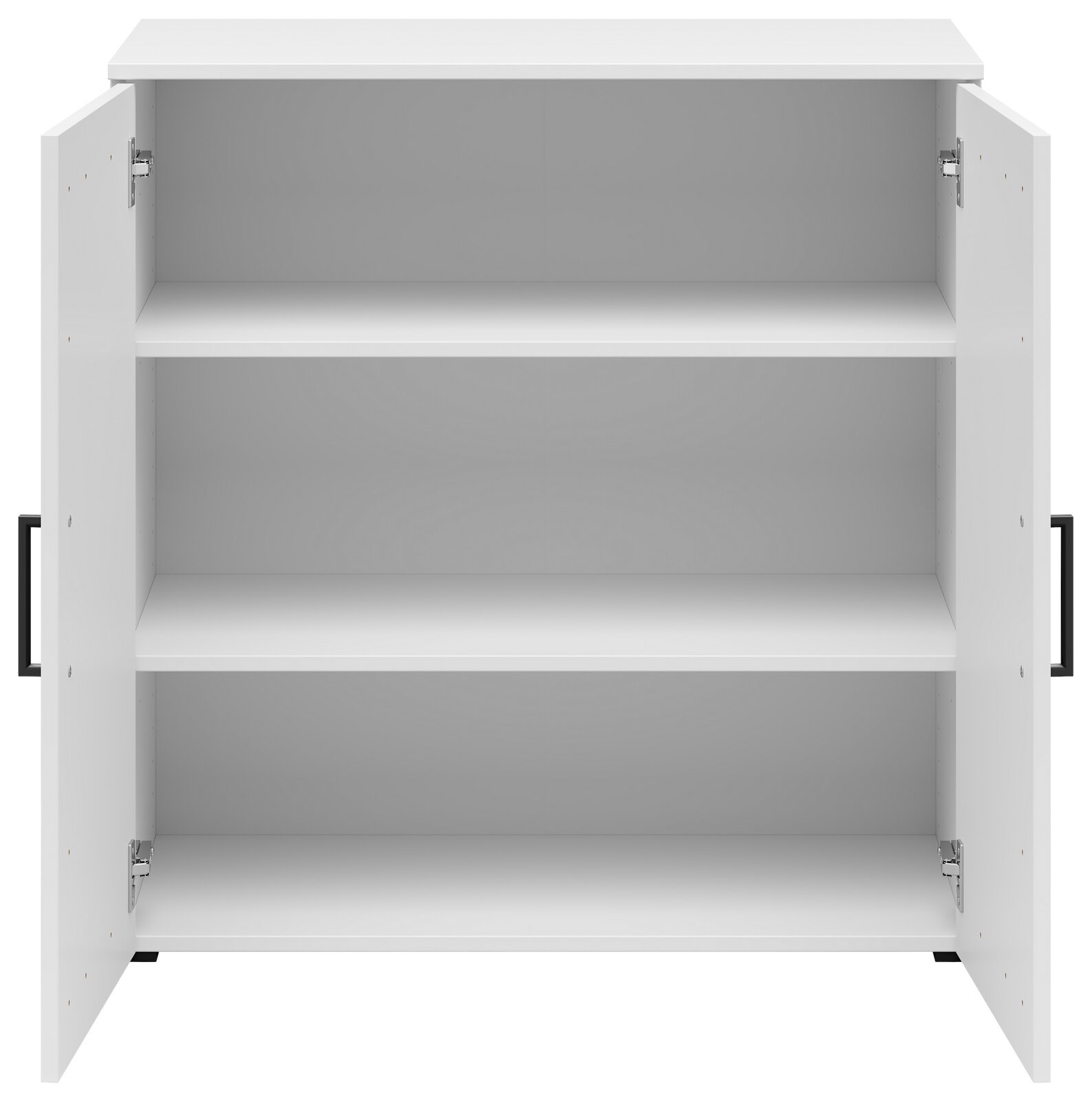 Weiße Kommode mit zwei offenen Türen und drei Regalböden, frontale Ansicht