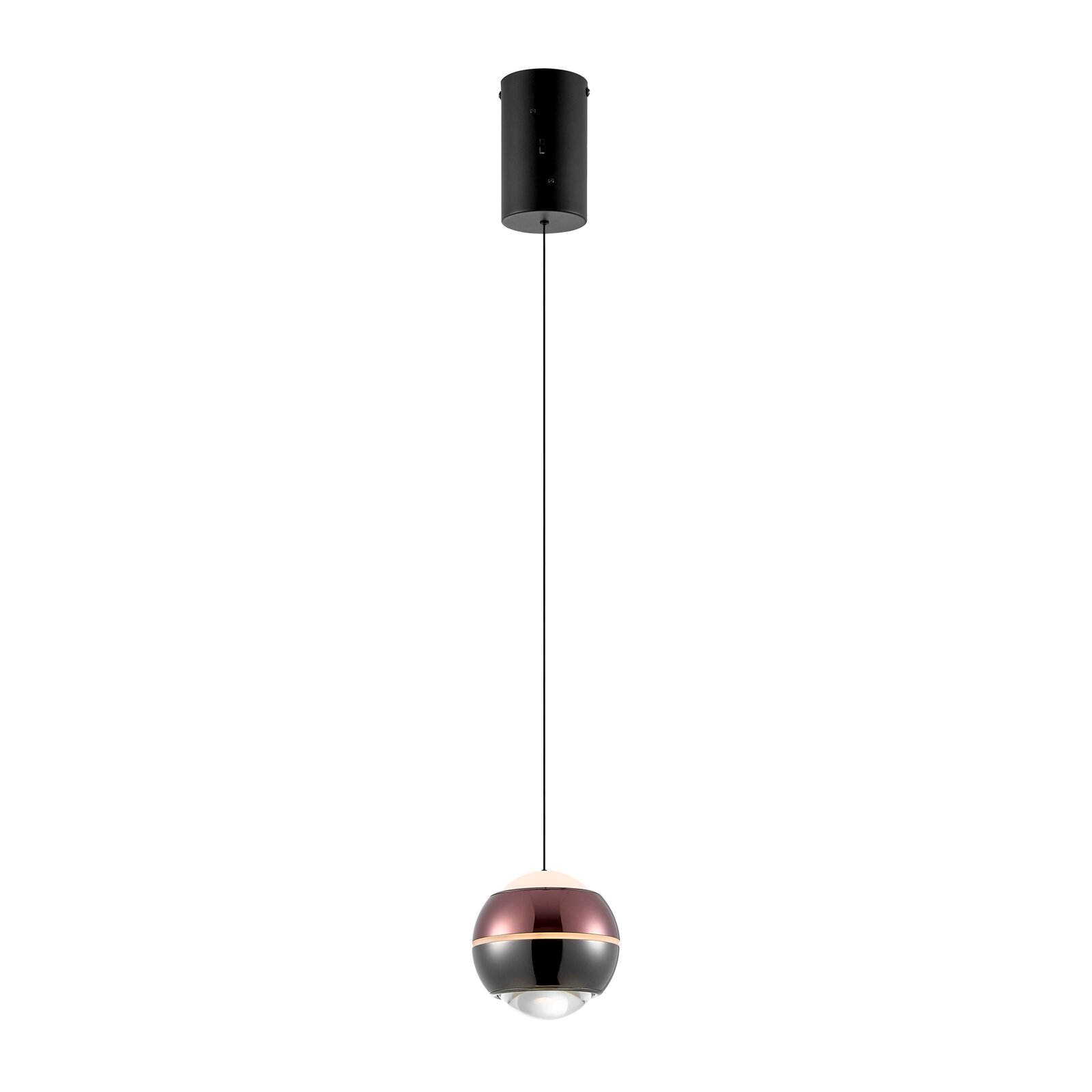 Moderne Pendelleuchte mit kugelförmigem Lampenschirm in Schwarz und Kupfer, hängend an schwarzem Kabel mit zylindrischem Baldachin; Produktansicht frontal von der Seite vor weißem Hintergrund