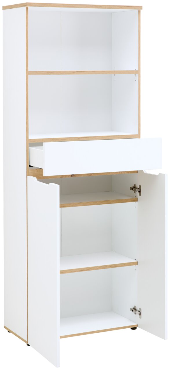 Weißer Regalschrank mit Holzdetails, offene Schublade und geöffnete Türen, Frontalansicht