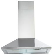 Edelstahl-Dunstabzugshaube, Frontalansicht, mit Bedienelementen auf der rechten Seite