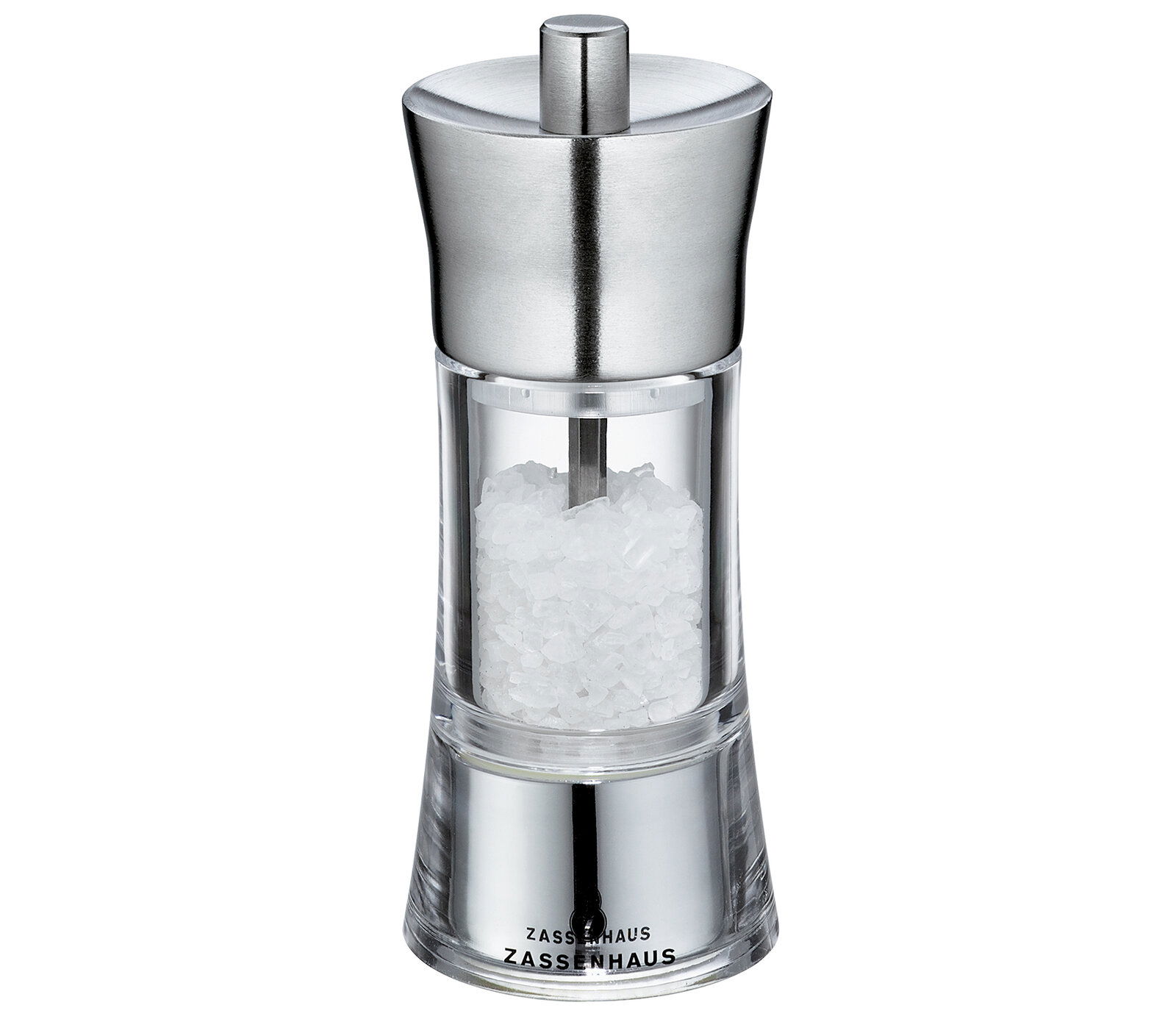 Salzmühle Aachen 14 cm aus Edelstahl und Acryl, frontalansicht