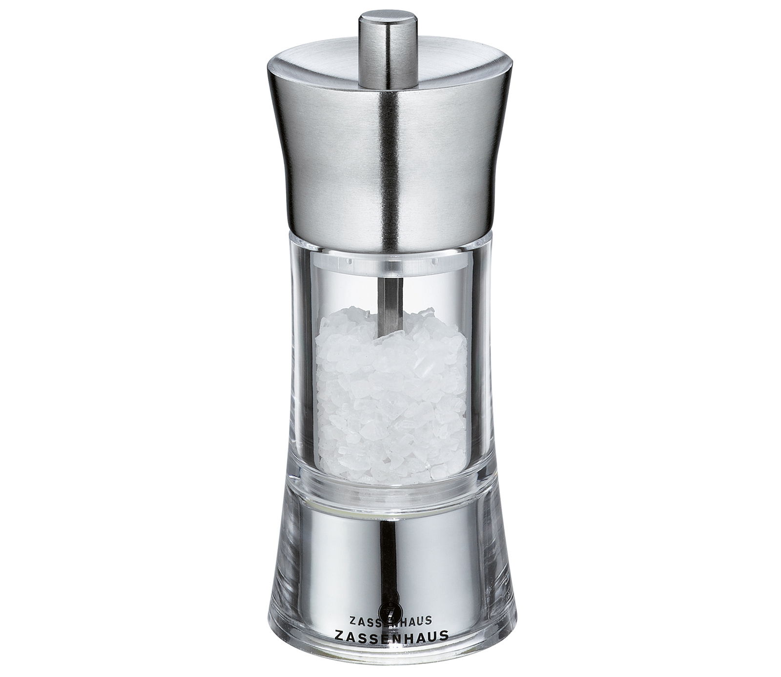 Salzmühle Aachen 14 cm aus Edelstahl und Acryl, frontalansicht