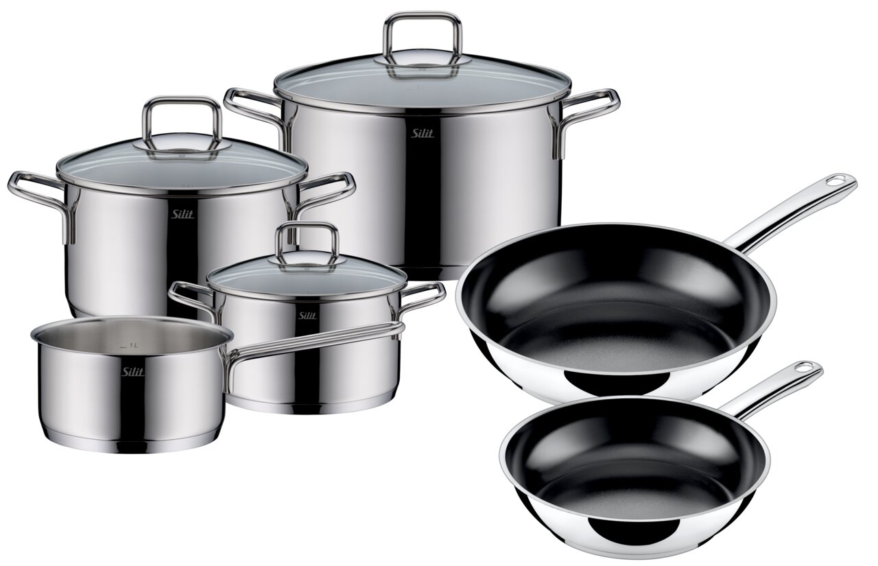 Silit 6-delige pannenset EXTRA COOK Zesdelige pannenset van roestvrij staal met glazen deksels en twee pannen, zijaanzicht.