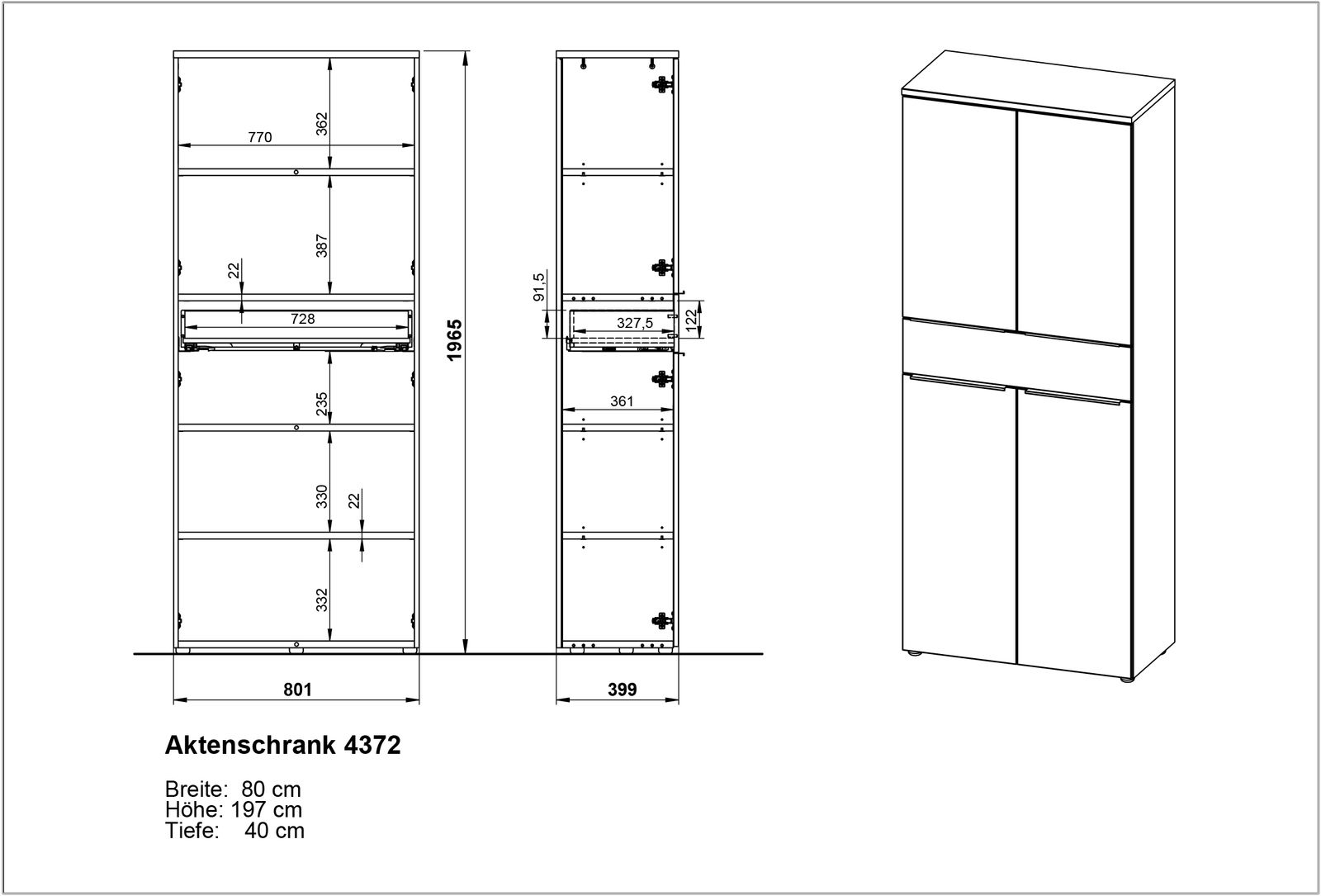 Zeichnung eines Aktenschranks mit den Maßen Breite 80 cm, Höhe 197 cm, Tiefe 40 cm. Frontale und seitliche Ansicht des Schranks mit mehreren Fächern und Türen.