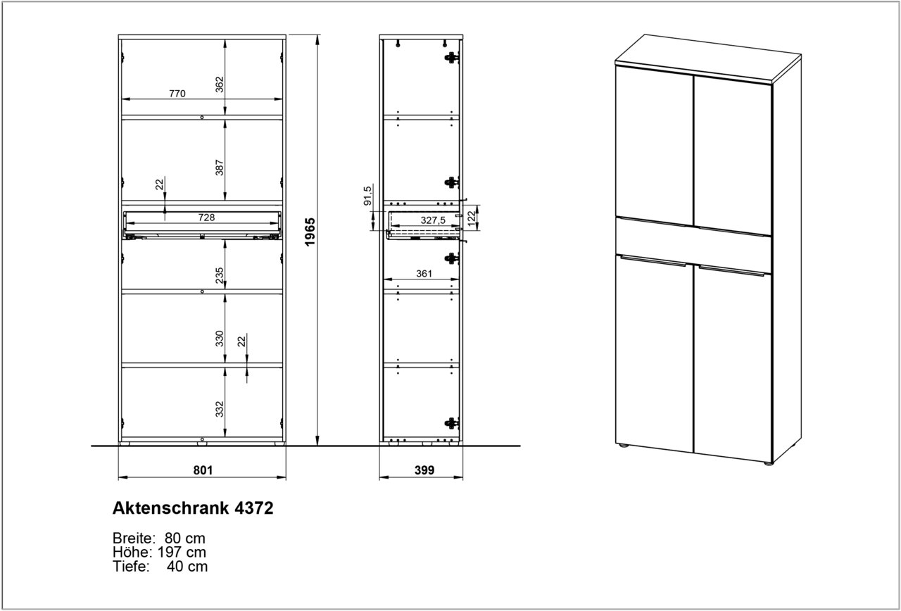 Zeichnung eines Aktenschranks mit den Maßen Breite 80 cm, Höhe 197 cm, Tiefe 40 cm. Frontale und seitliche Ansicht des Schranks mit mehreren Fächern und Türen.