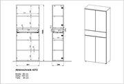 Zeichnung eines Aktenschranks mit den Maßen Breite 80 cm, Höhe 197 cm, Tiefe 40 cm. Frontale und seitliche Ansicht des Schranks mit mehreren Fächern und Türen.
