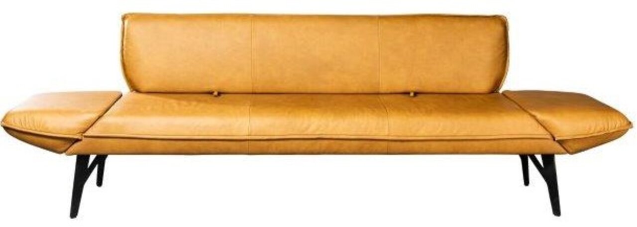 Modernes, senfgelbes Ledersofa mit schwarzen Beinen, frontal betrachtet.
