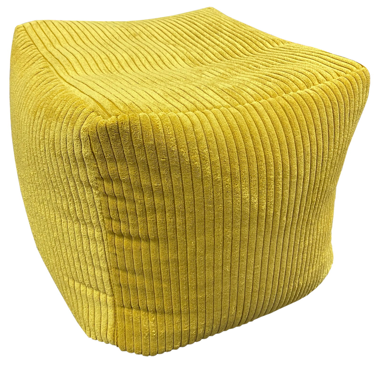 Gelber Sitzhocker mit gerippter Textur, seitliche Perspektive