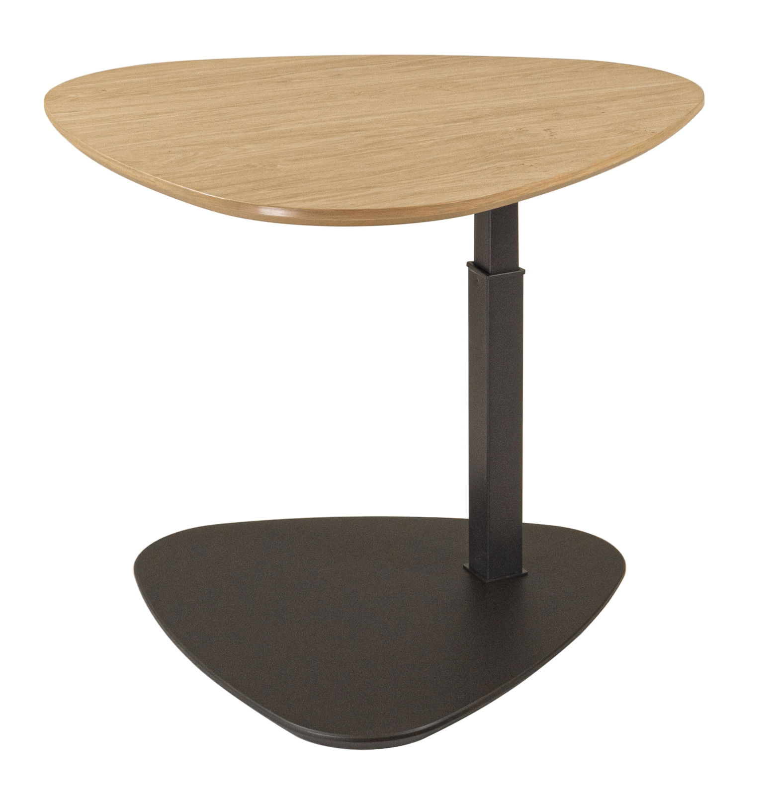 Moderner Couchtisch mit dreieckiger Holzplatte und schwarzem Metallgestell, seitliche Perspektive