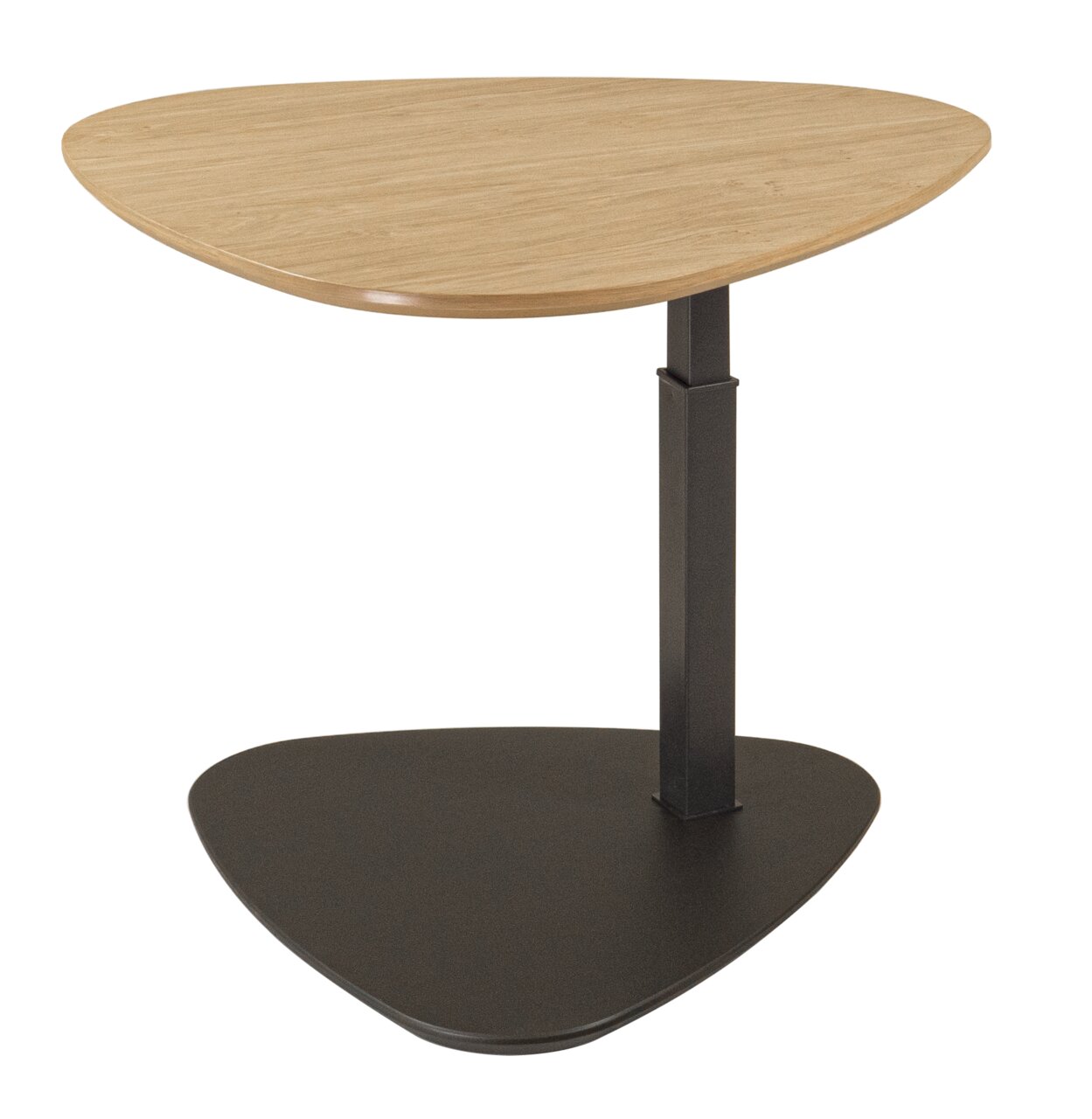 Moderner Couchtisch mit dreieckiger Holzplatte und schwarzem Metallgestell, seitliche Perspektive