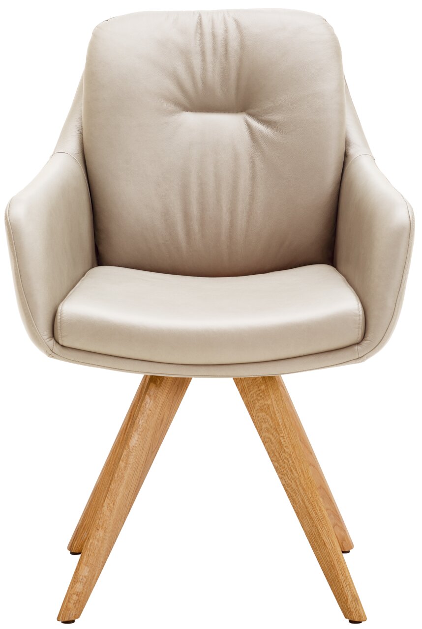 Beiger Armlehnstuhl mit Holzbeinen, Frontalansicht