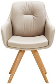 Beiger Armlehnstuhl mit Holzbeinen, Frontalansicht