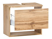 Waschbeckenunterschrank aus Holz in Eichenoptik mit geöffneter Schublade, seitliche Perspektive