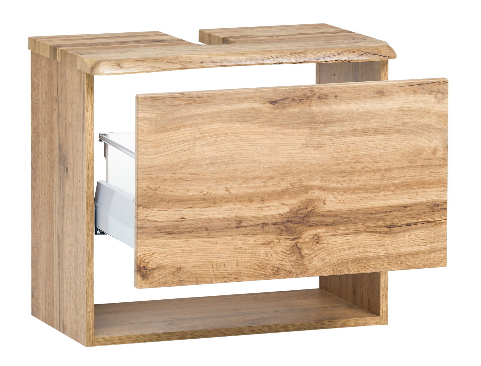 Waschbeckenunterschrank aus Holz in Eichenoptik mit geöffneter Schublade, seitliche Perspektive