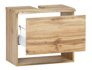Waschbeckenunterschrank aus Holz in Eichenoptik mit geöffneter Schublade, seitliche Perspektive