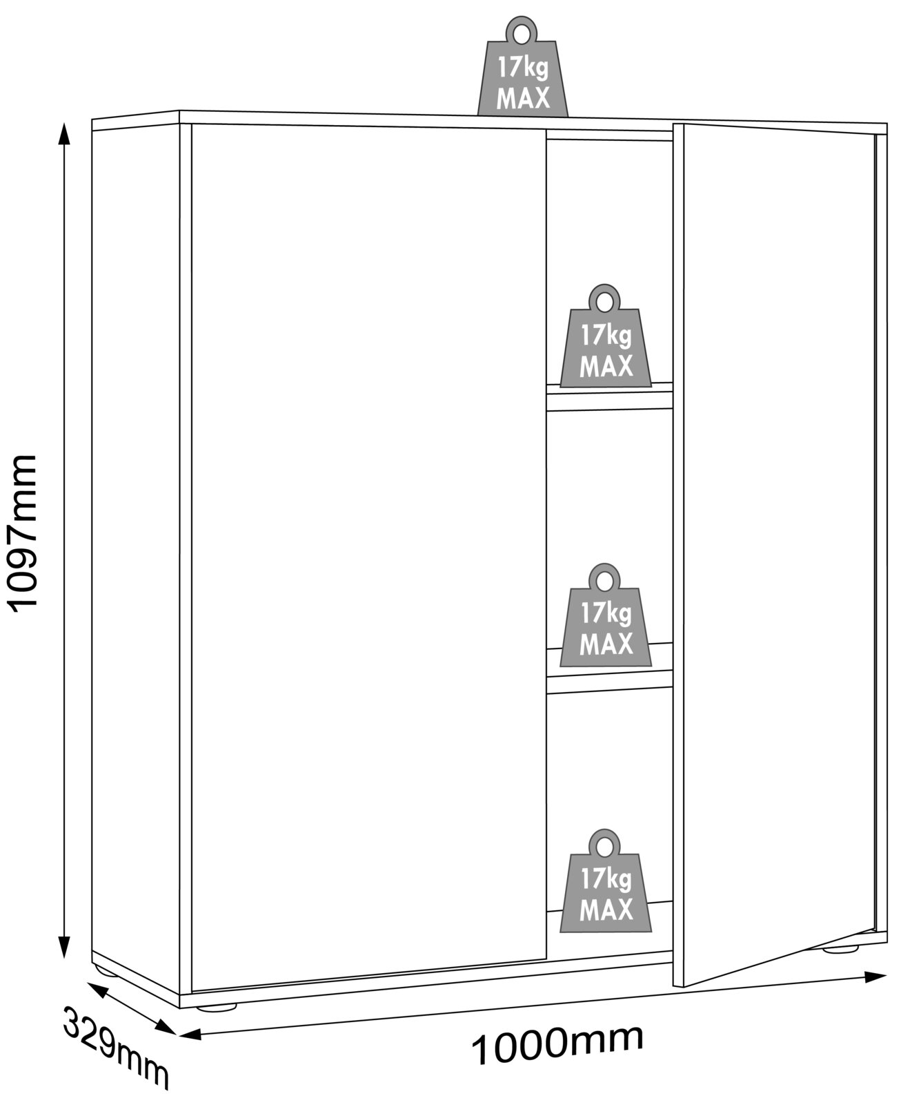 Technische Zeichnung eines zweiflügeligen Schranks mit geöffneten Türen und drei Einlegeböden (je 17 kg max), Maße ca. 1000 x 329 x 1097 mm, perspektivische Frontansicht leicht von oben