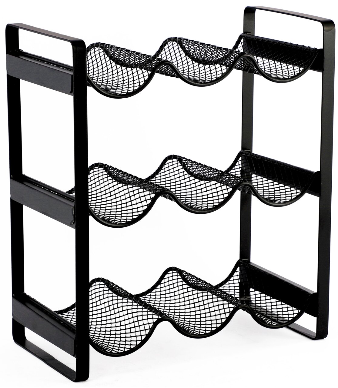 Schwarzes Flaschenregal aus Metall mit drei Ebenen, seitliche Perspektive