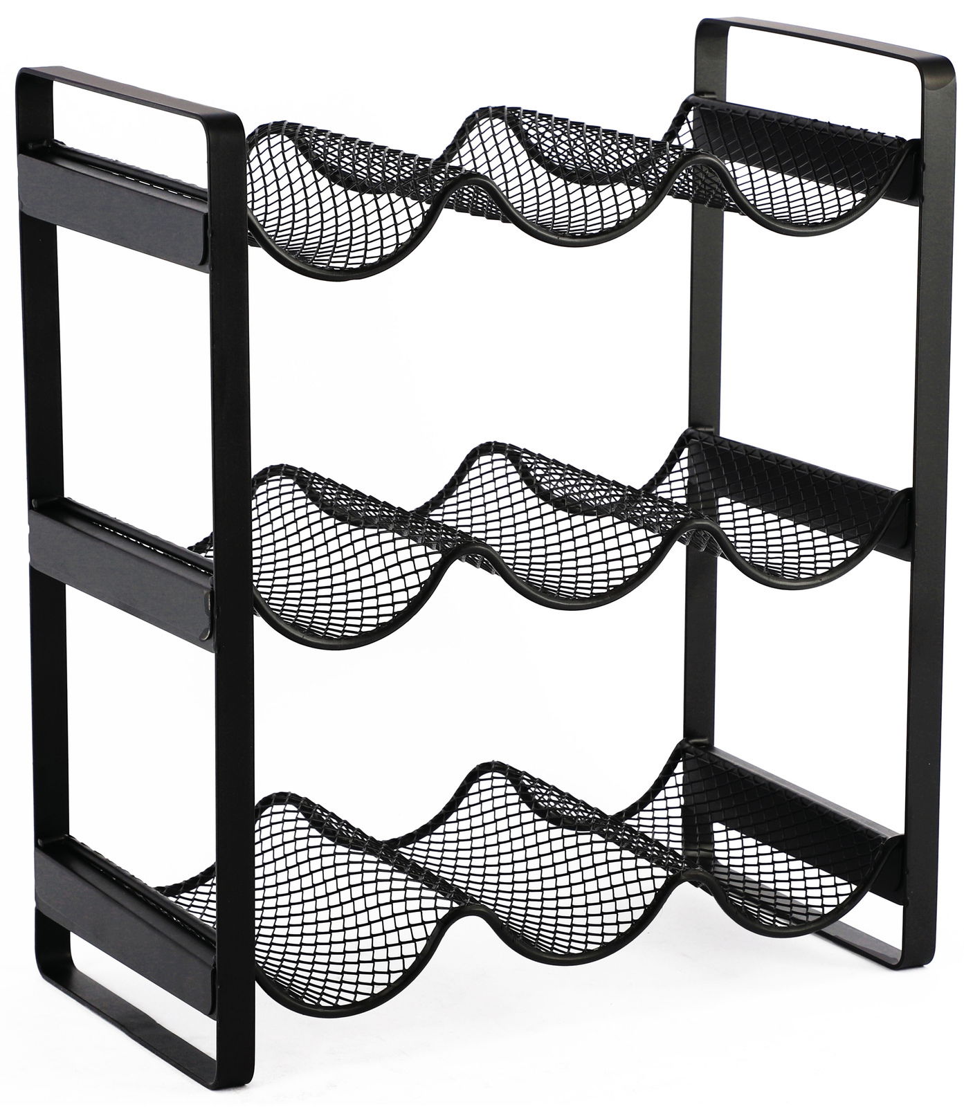 Schwarzes Flaschenregal aus Metall mit drei Ebenen, seitliche Perspektive