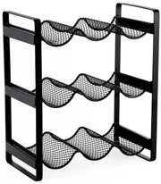 Zwart metalen flessenrek met drie niveaus, zijaanzicht