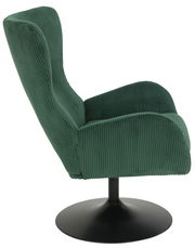 Grüner Sessel mit geripptem Stoffbezug, seitliche Perspektive, auf schwarzem Drehteller.