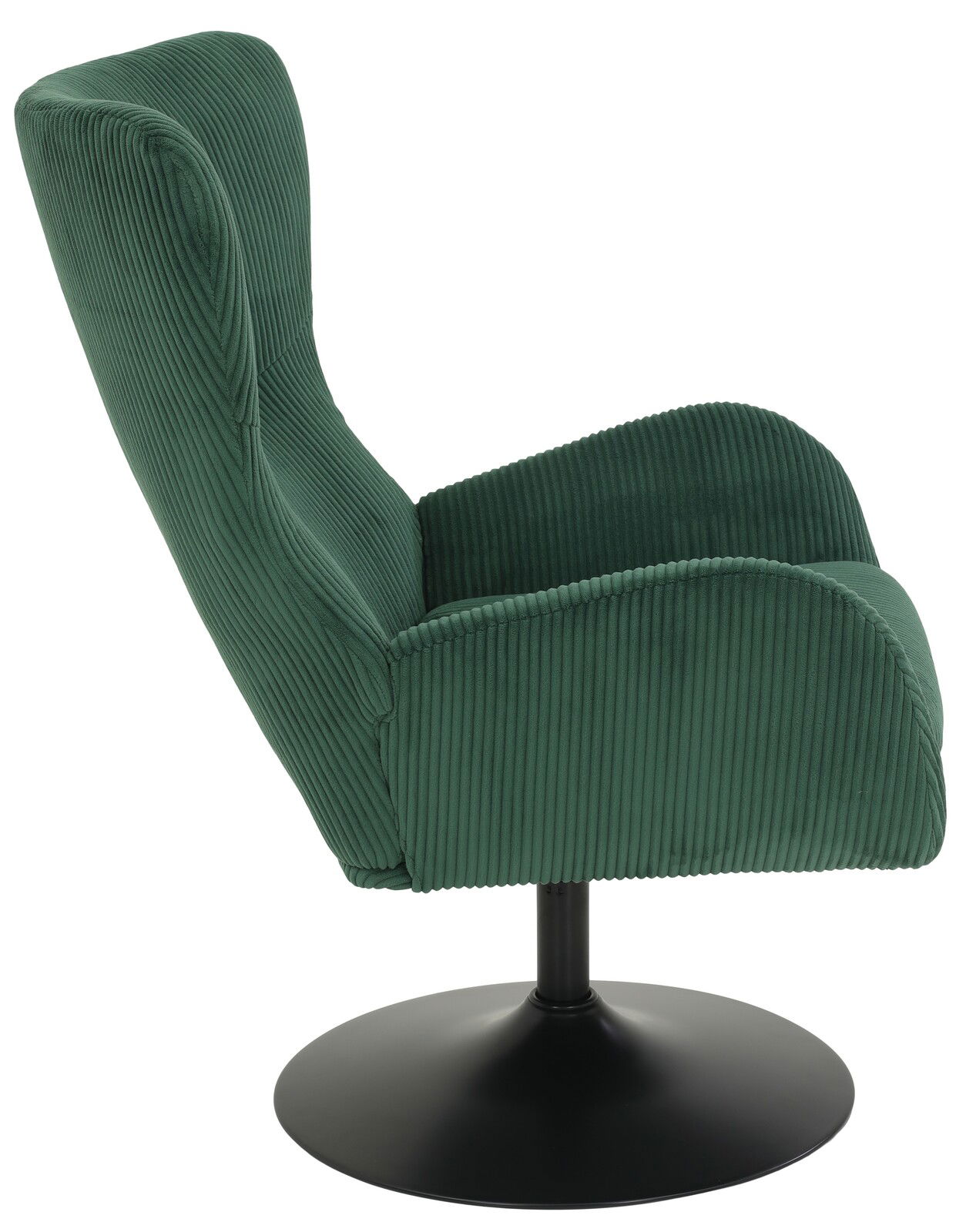 Grüner Sessel mit geripptem Stoffbezug, seitliche Perspektive, auf schwarzem Drehteller.