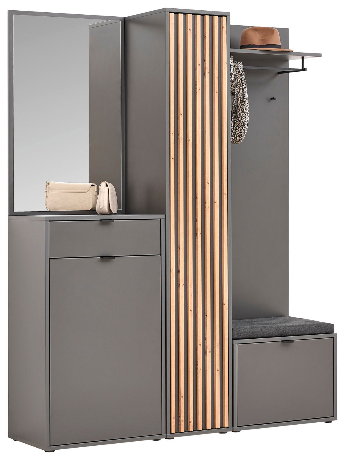 Kompaktgarderobe mit Spiegel, Stauraum und Sitzbank, seitliche Perspektive