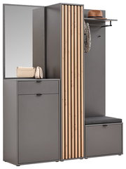 Kompaktgarderobe mit Spiegel, Stauraum und Sitzbank, seitliche Perspektive