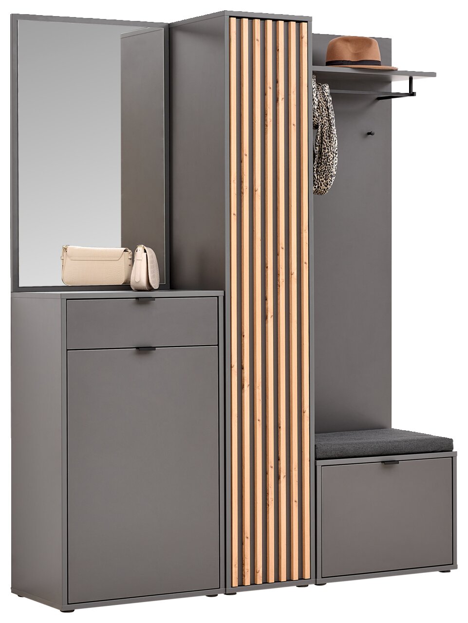 Kompaktgarderobe mit Spiegel, Stauraum und Sitzbank, seitliche Perspektive