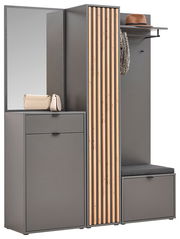 Kompaktgarderobe mit Spiegel, Stauraum und Sitzbank, seitliche Perspektive