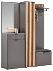 Kompaktgarderobe mit Spiegel, Stauraum und Sitzbank, seitliche Perspektive