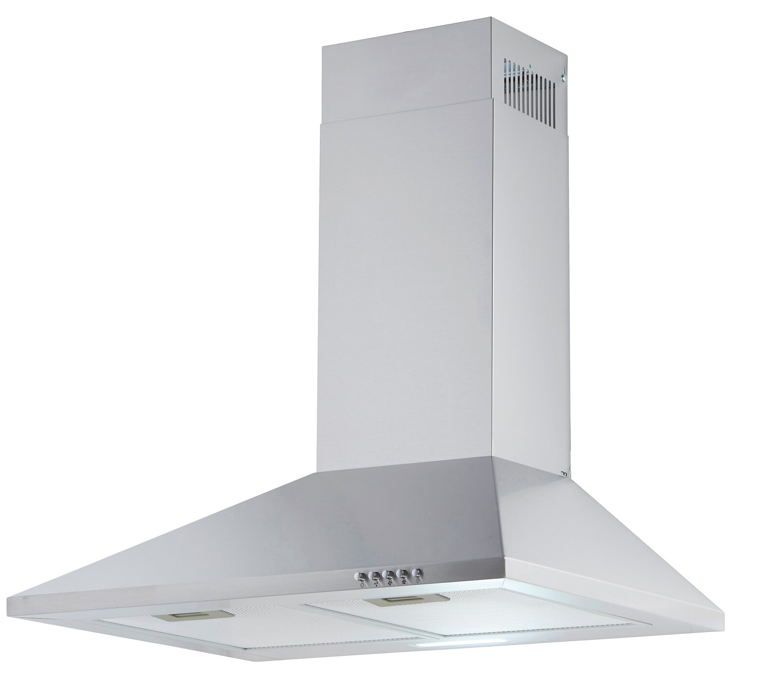 Silberne Dunstabzugshaube in Frontalansicht mit rechteckigem Kamin und Bedienelementen an der Vorderseite