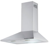 Silberne Dunstabzugshaube in Frontalansicht mit rechteckigem Kamin und Bedienelementen an der Vorderseite