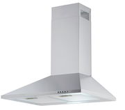 Silberne Dunstabzugshaube in Frontalansicht mit rechteckigem Kamin und Bedienelementen an der Vorderseite