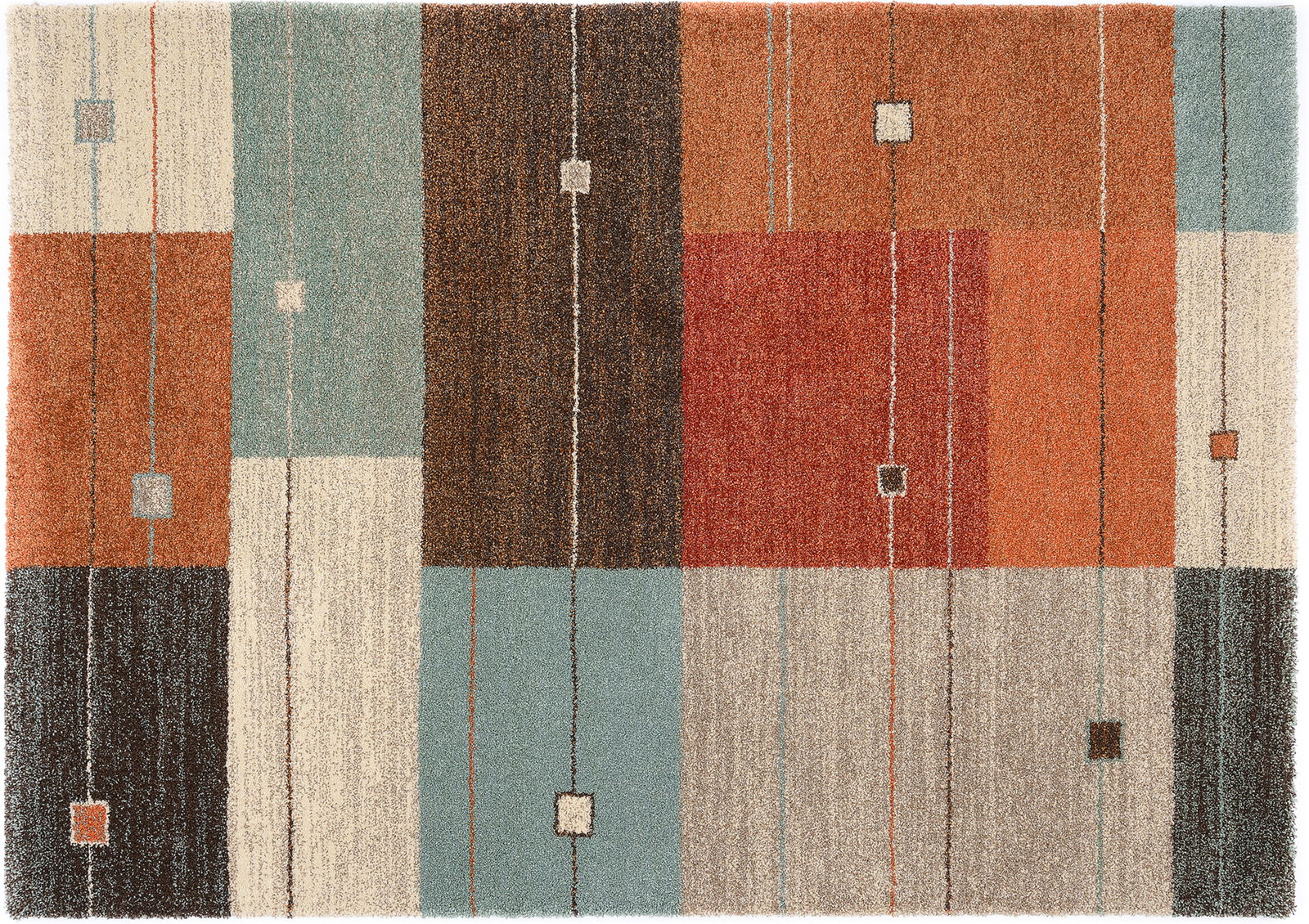 Frisé-Teppich mit geometrischem Muster in Rot-, Braun- und Beigetönen, Draufsicht