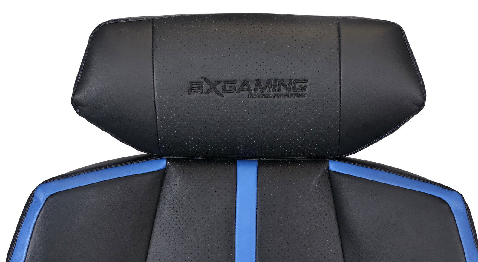 Nahaufnahme der Rückenlehne eines BXGAMING Gaming Stuhls GENIUS in Schwarz mit blauen Akzenten, Vorderansicht