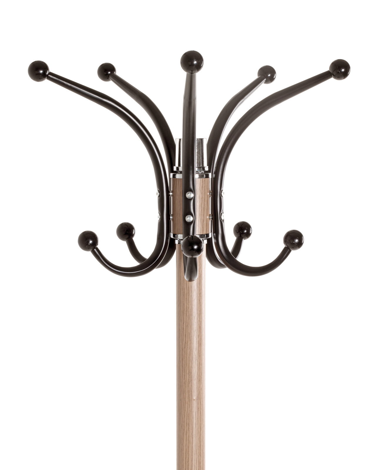 Nahaufnahme eines Garderobenständers mit mehreren schwarzen Haken, die von einem Holzstab ausgehen, aus der Vorderansicht.