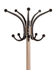 Nahaufnahme eines Garderobenständers mit mehreren schwarzen Haken, die von einem Holzstab ausgehen, aus der Vorderansicht.
