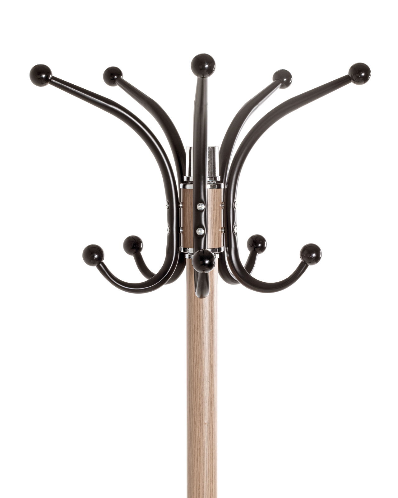 Nahaufnahme eines Garderobenständers mit mehreren schwarzen Haken, die von einem Holzstab ausgehen, aus der Vorderansicht.